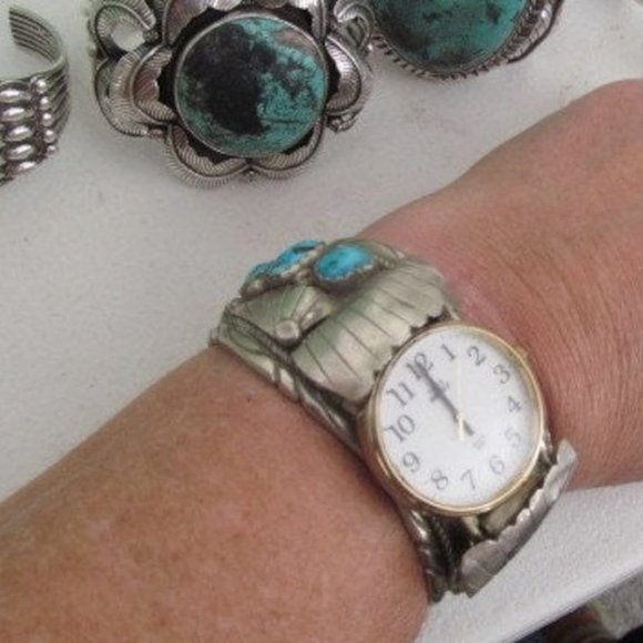 LG Navajo Turquoise Watch Cuff Bracelet Mens Watch Sterling Silver Turquoise - Picture 4 of 4